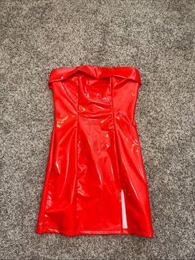 Red Strapless latex Mini Dress